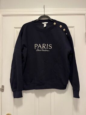 H&M Navy Paris Button-Shoulder Sweatshirt
